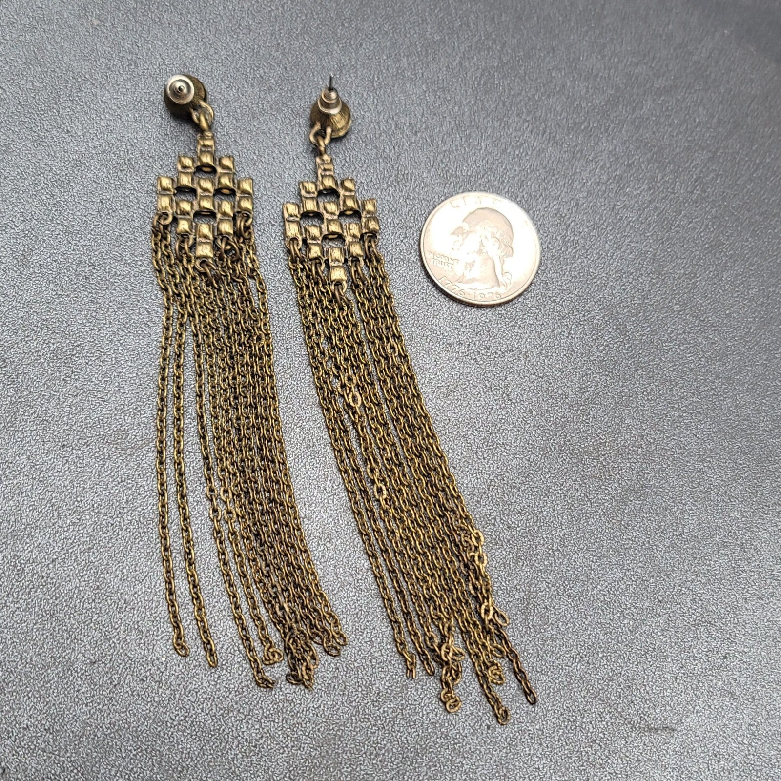 Pierced Earrings Bronze tone Sparkle Rhinestone Chain Dangle Long 4.5"