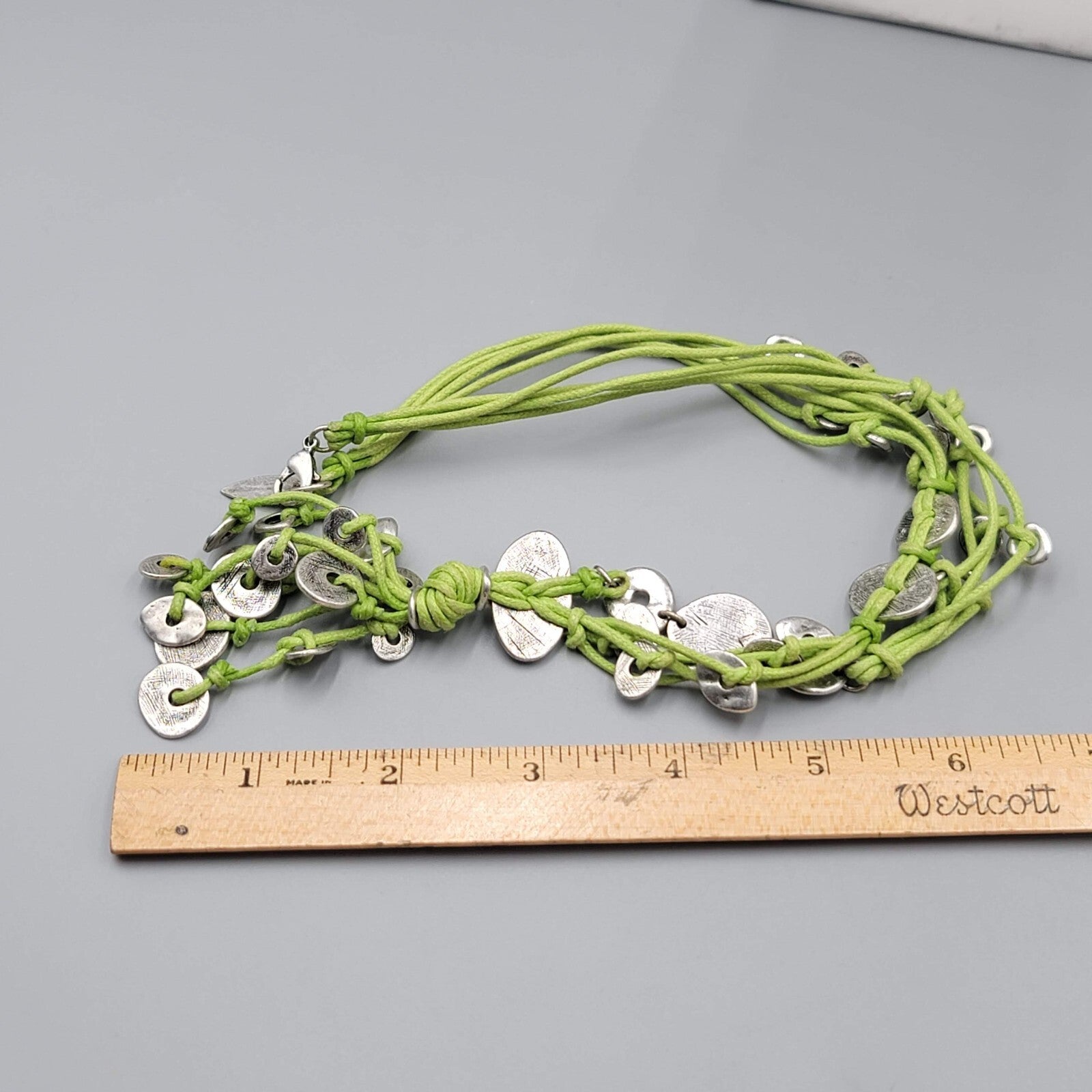 Coldwater Creek Necklace Green Cord Silver tone Accents 20"