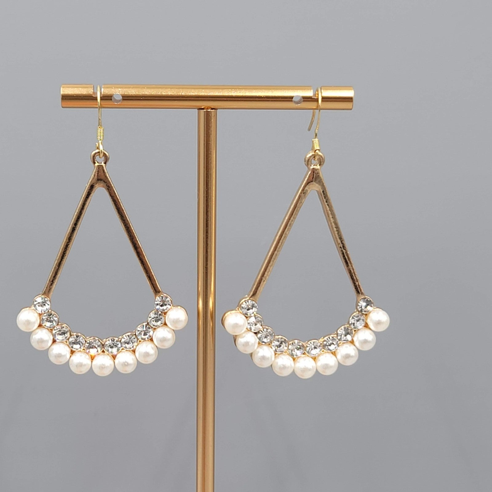 Open Triangle Faux Pearl Rhinestone Pierced Earrings Gold tone Dangle  2"