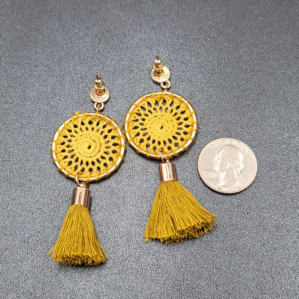 Boho Pierced Earrings Gold tone Yellow String Medallion Tassel 2.75"