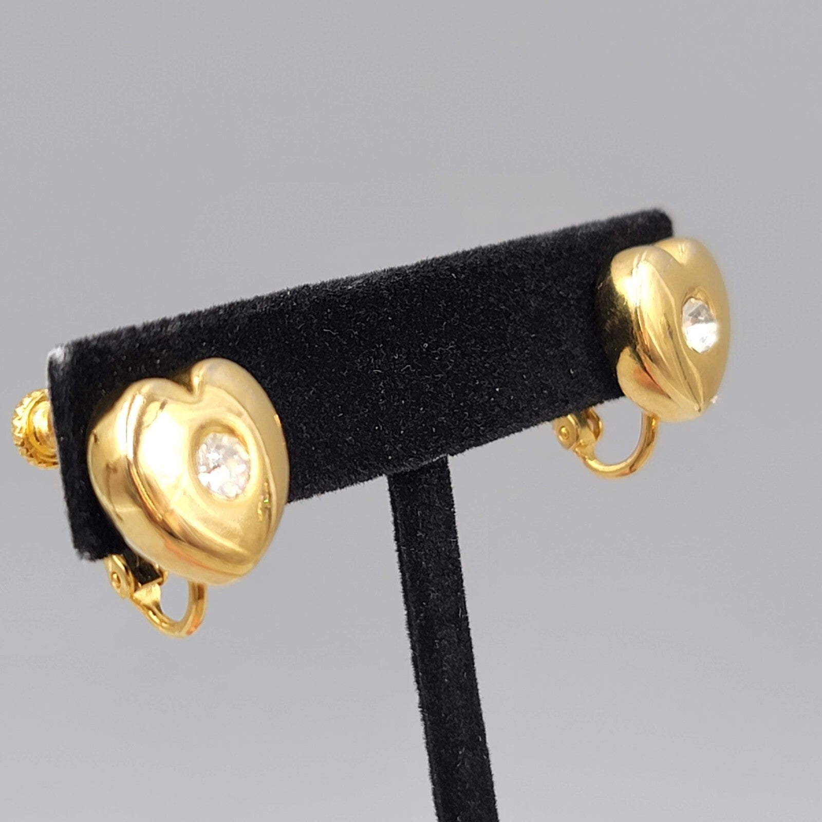 Vintage Goldette Heart Stud Clip on Earrings Gold Plated Rhinestone Center 1/2"