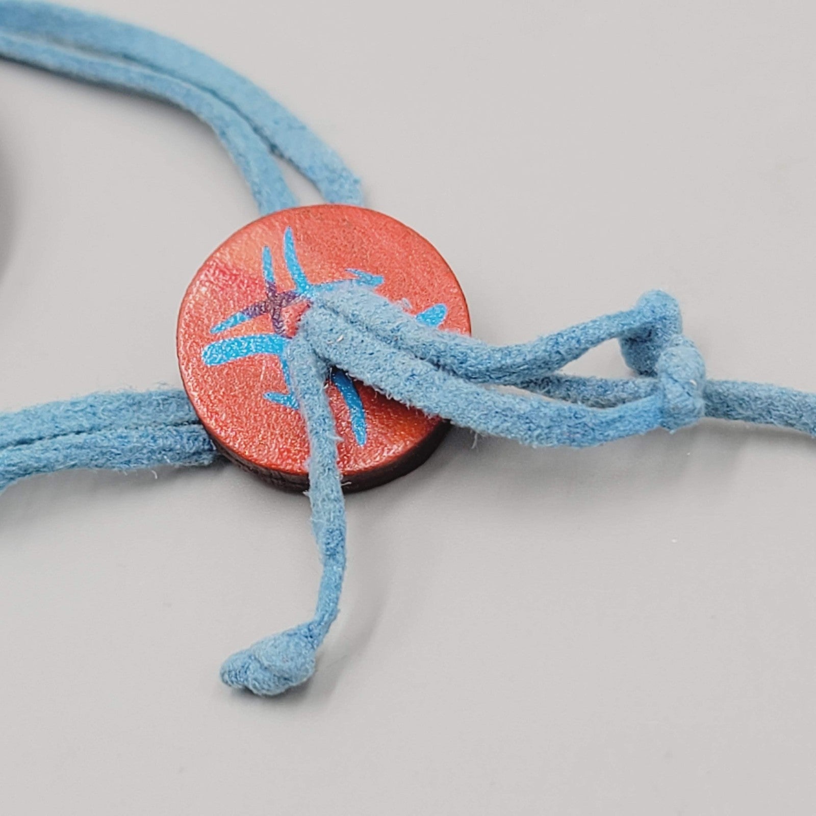 Signed Artisan Bracelet Hand Painted Wood Blue Suede Adj Cord 7"