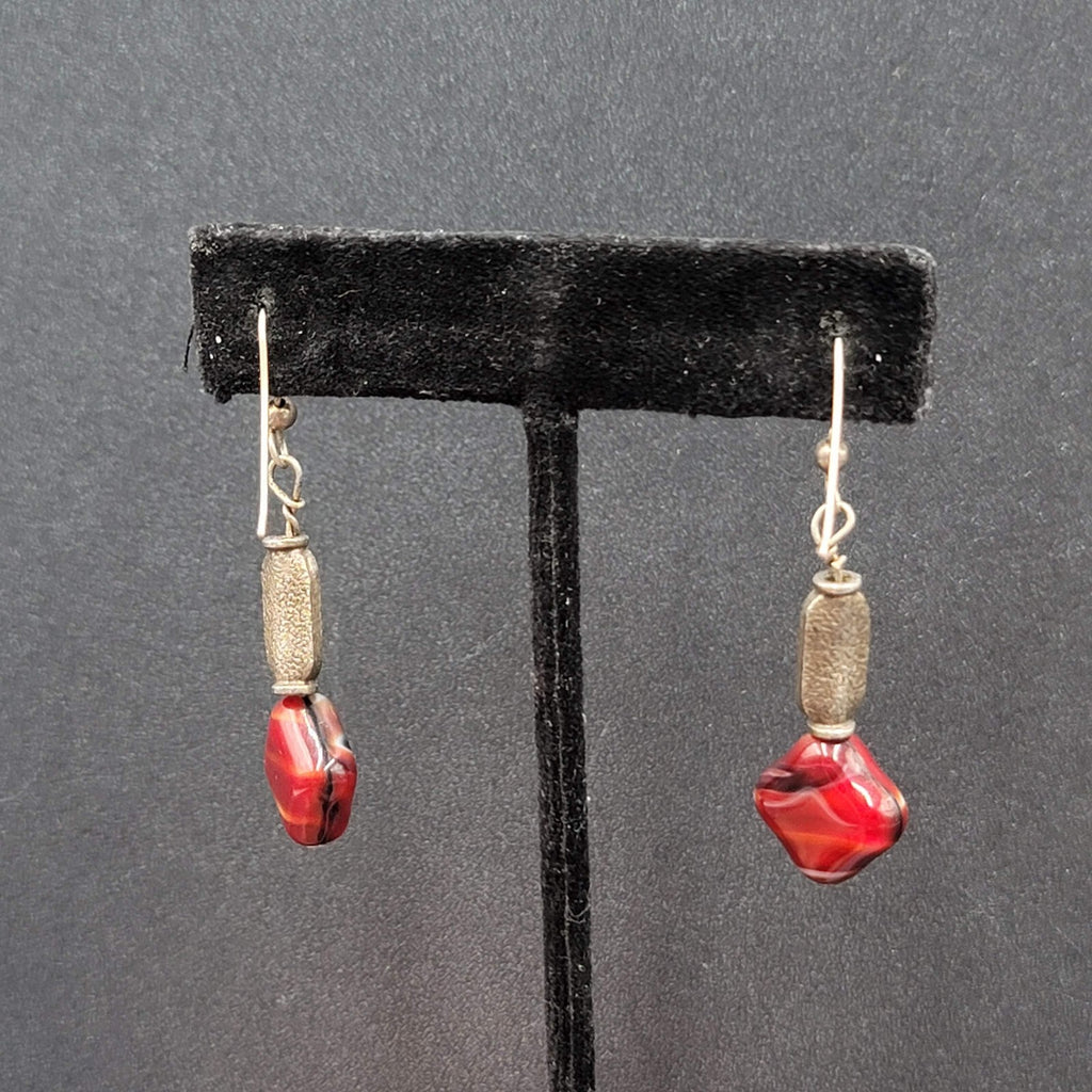 Pierced Earrings Silver tone Red Art Glass Square Bead Dangle 1.25"
