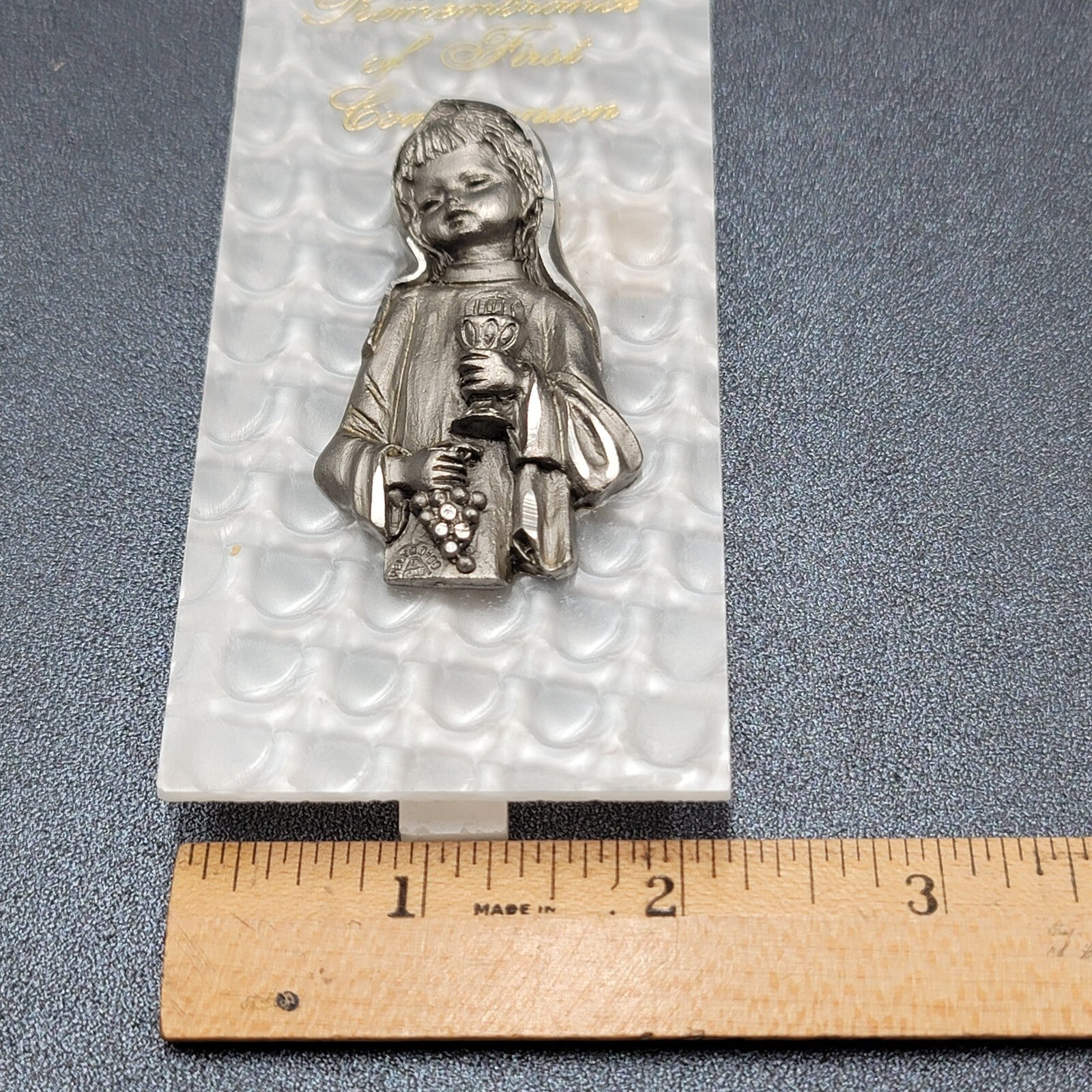Vintage Pewter Girls First Communion Pewter Italy White Stand 4 1/4" x 2 1/8"