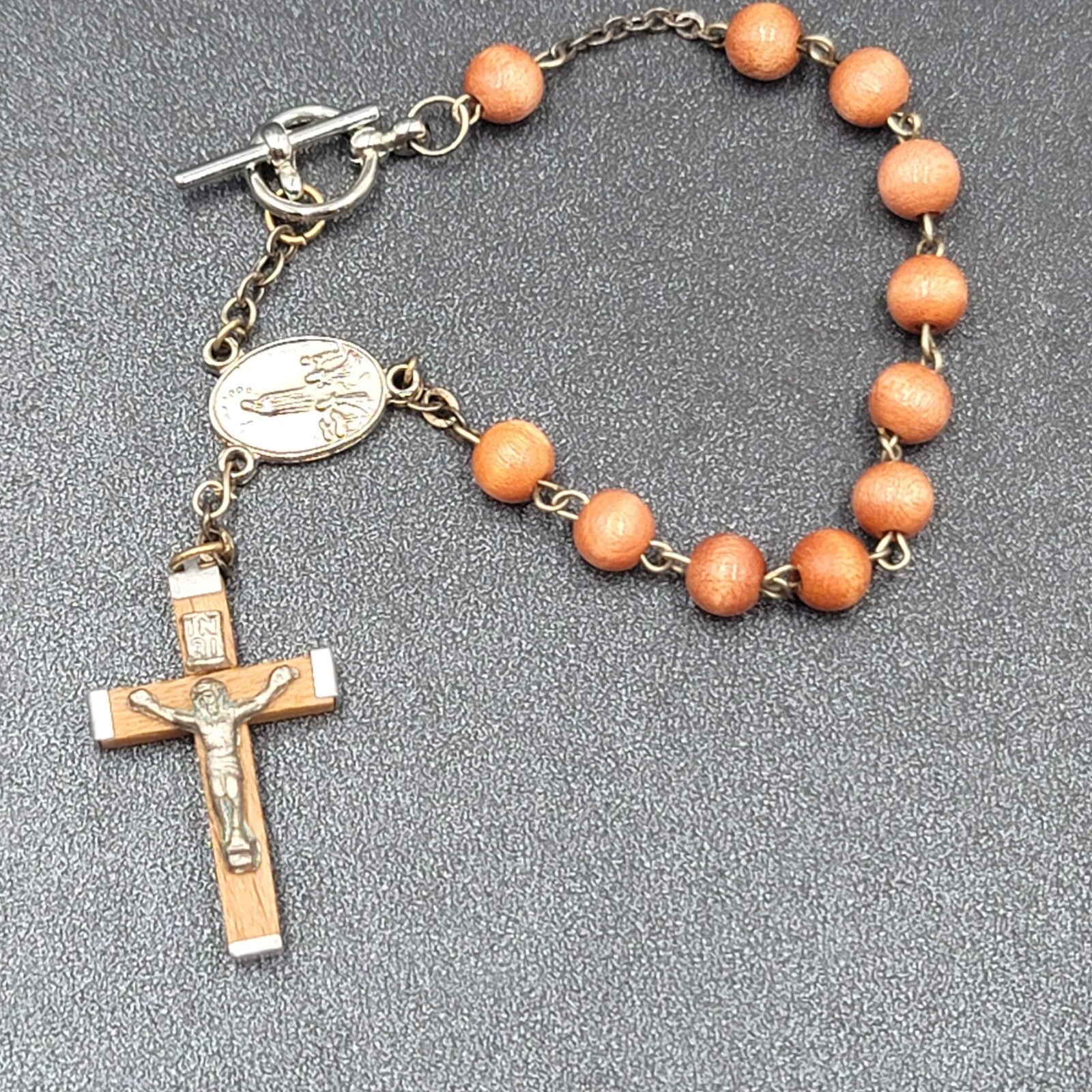 Rosary Bracelet Wood Beads Catholic Religious 8" Silver tone Metal