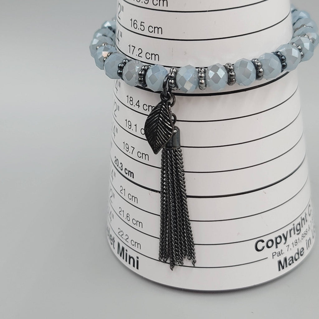 Blue Gray Faceted Crystal Bead Bracelet Gin Metal Gray Tassel Elastic 7 in