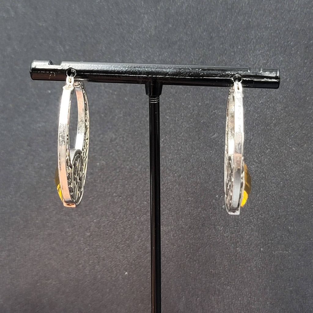 Pierced Earrings Silver tone Embossed Hoops Yellow Acrylic Accent 1.25"