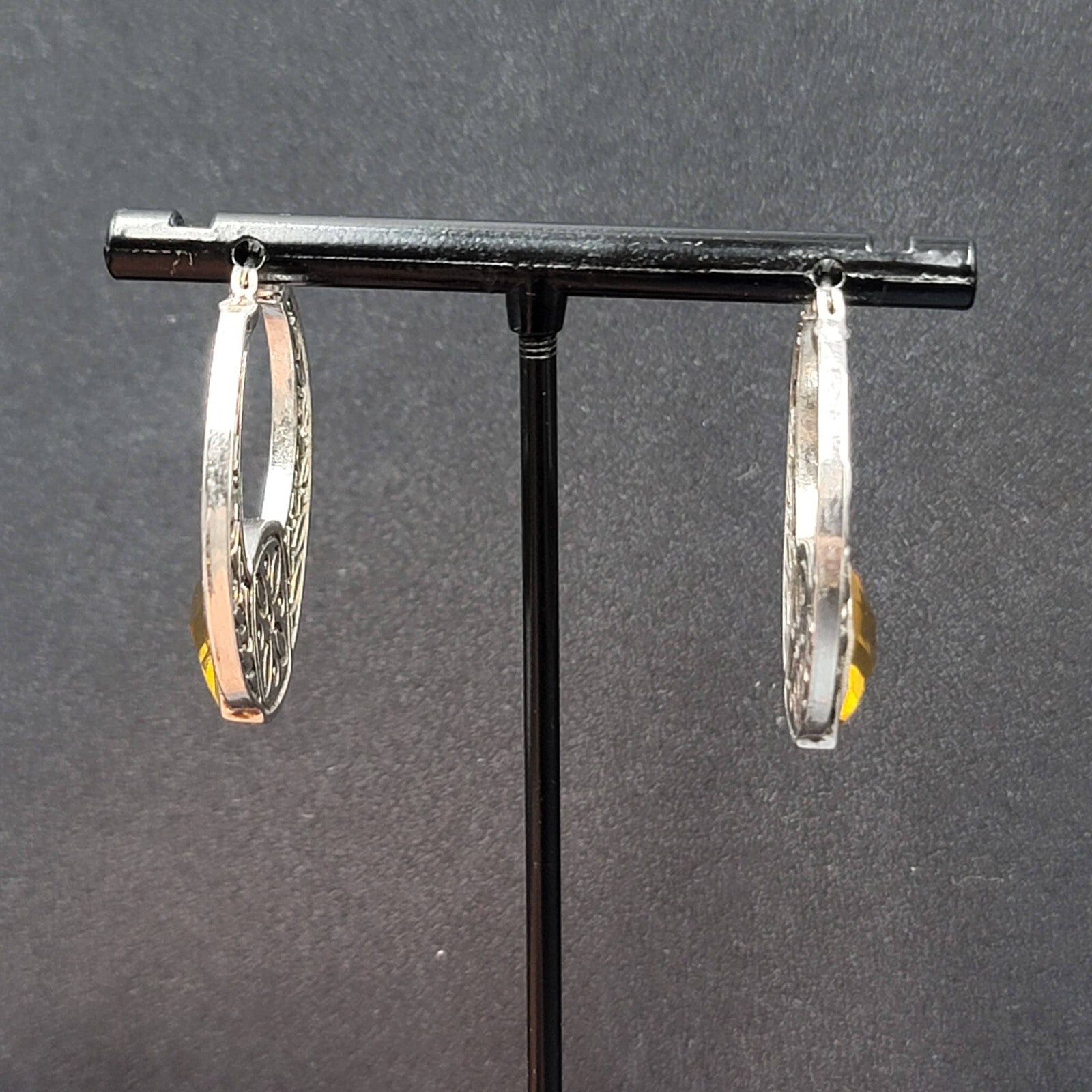 Pierced Earrings Silver tone Embossed Hoops Yellow Acrylic Accent 1.25"