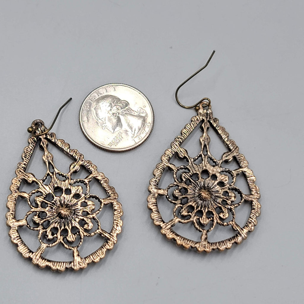 Teardrop Pierced Earrings Bronze tone Rhinestone Dangle 2"