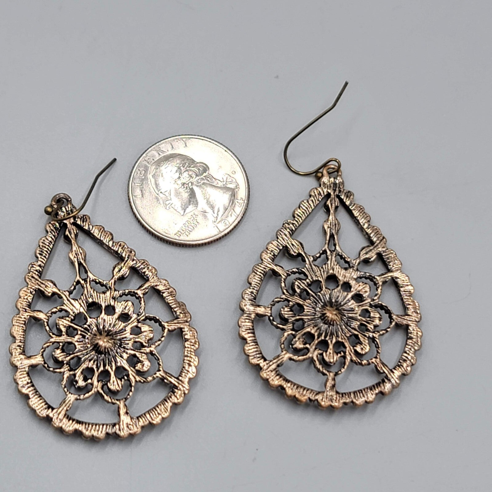 Teardrop Pierced Earrings Bronze tone Rhinestone Dangle 2"