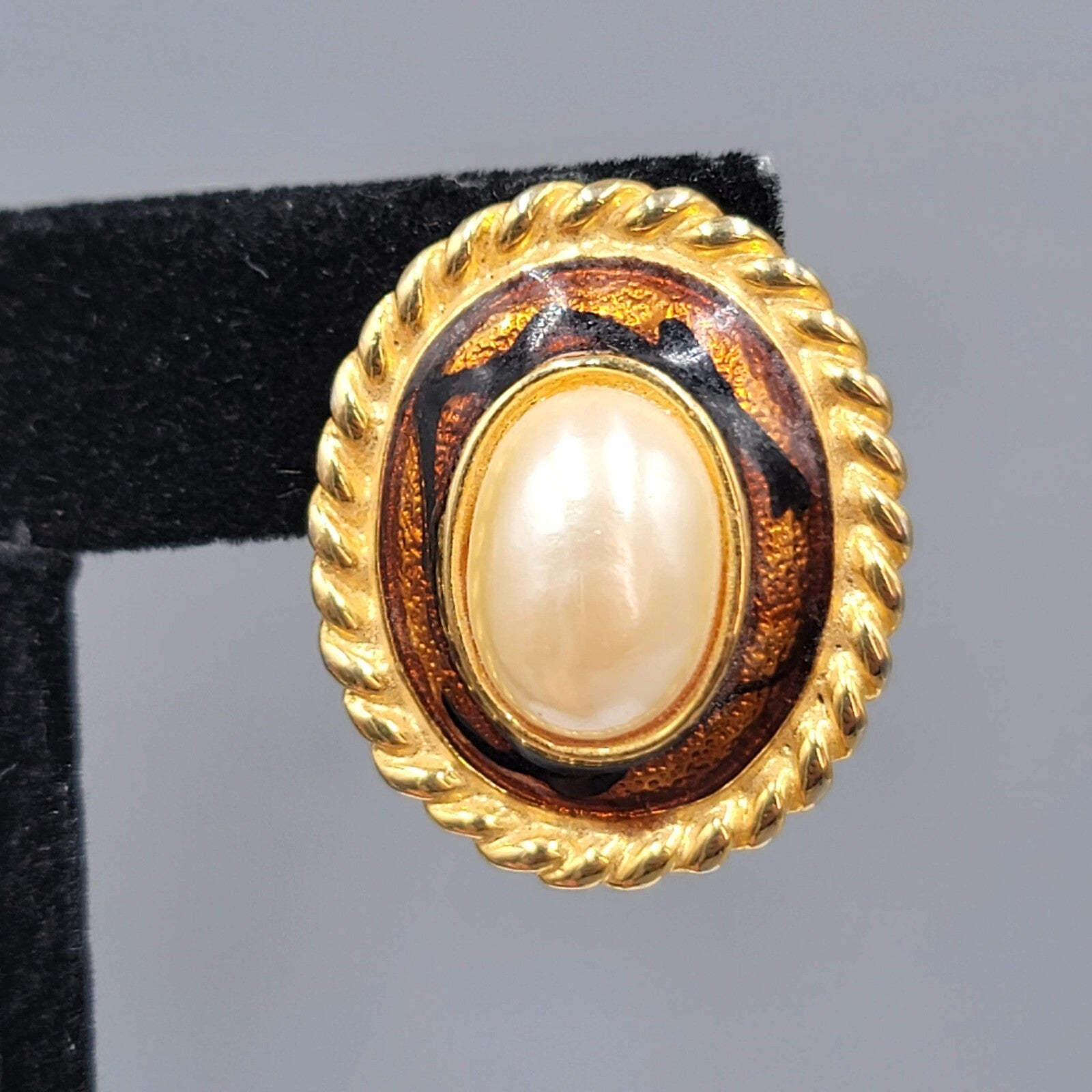 Vintage White Cabochon Pierced Earrings Enamel Yellow Gold Plated Drop 1 1/8"