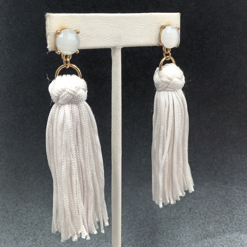 Pierced Earrings white Tassel Gold tone Faceted Glass Statement Dangle 3 1/4"