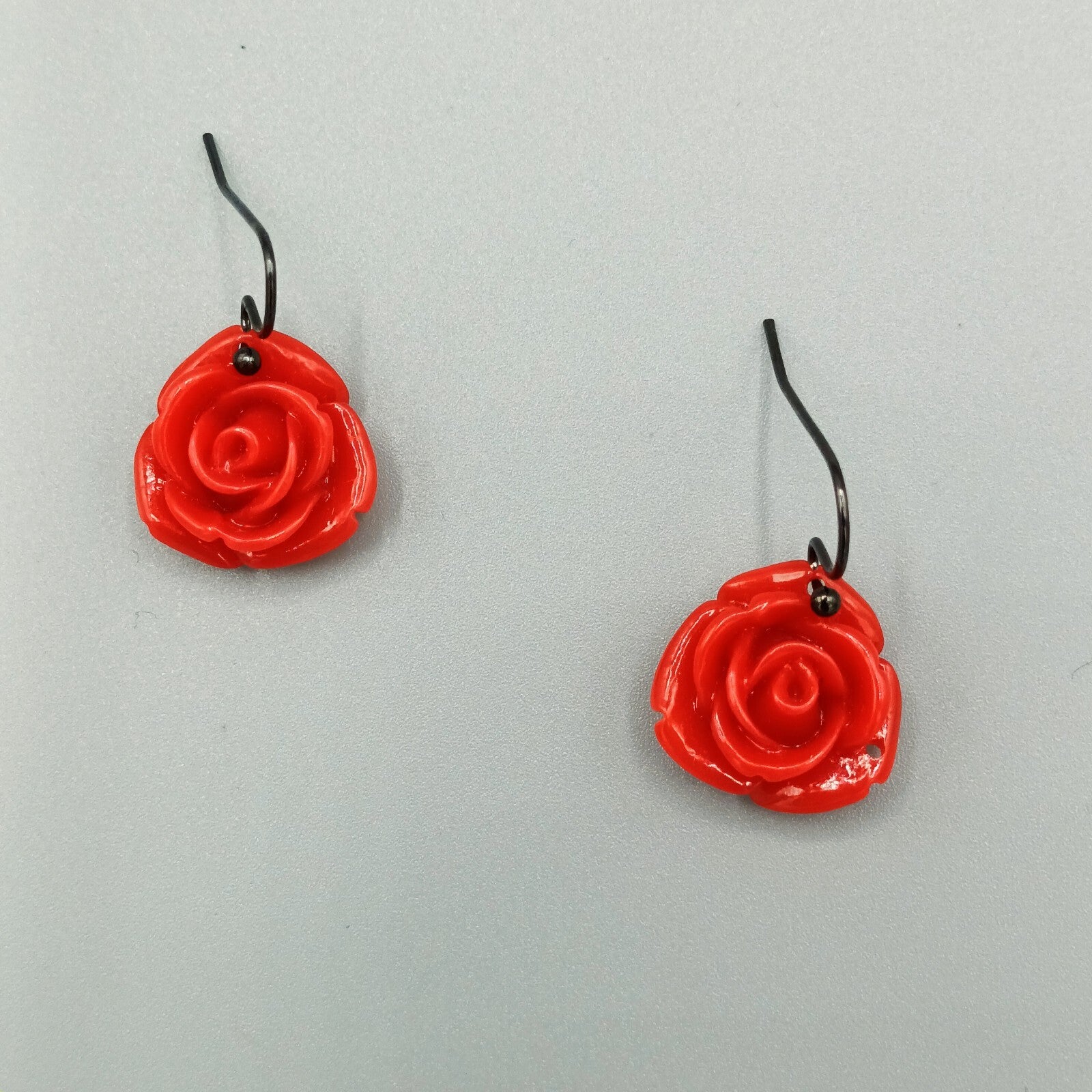 Pierced Earrings Red Acrylic Carved Rose Flower Dangle 5/8"