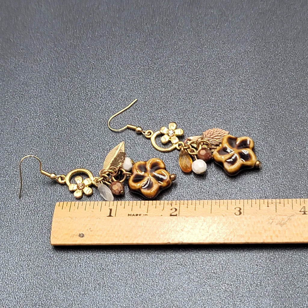 Pierced Earrings Gold tone Pottery Flower Bead Dangle Leaves 2"