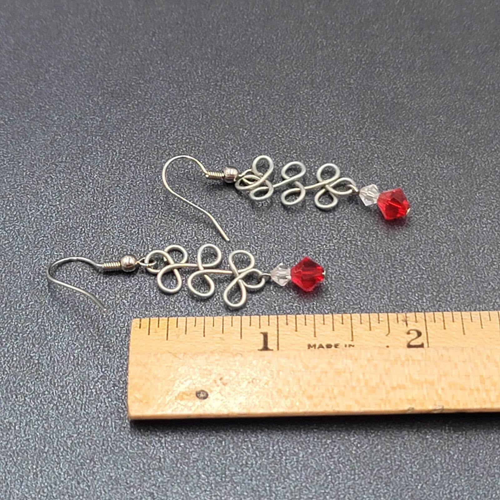 Pierced Earrings Silver tone Wire Red Crystal Bead 1.25"