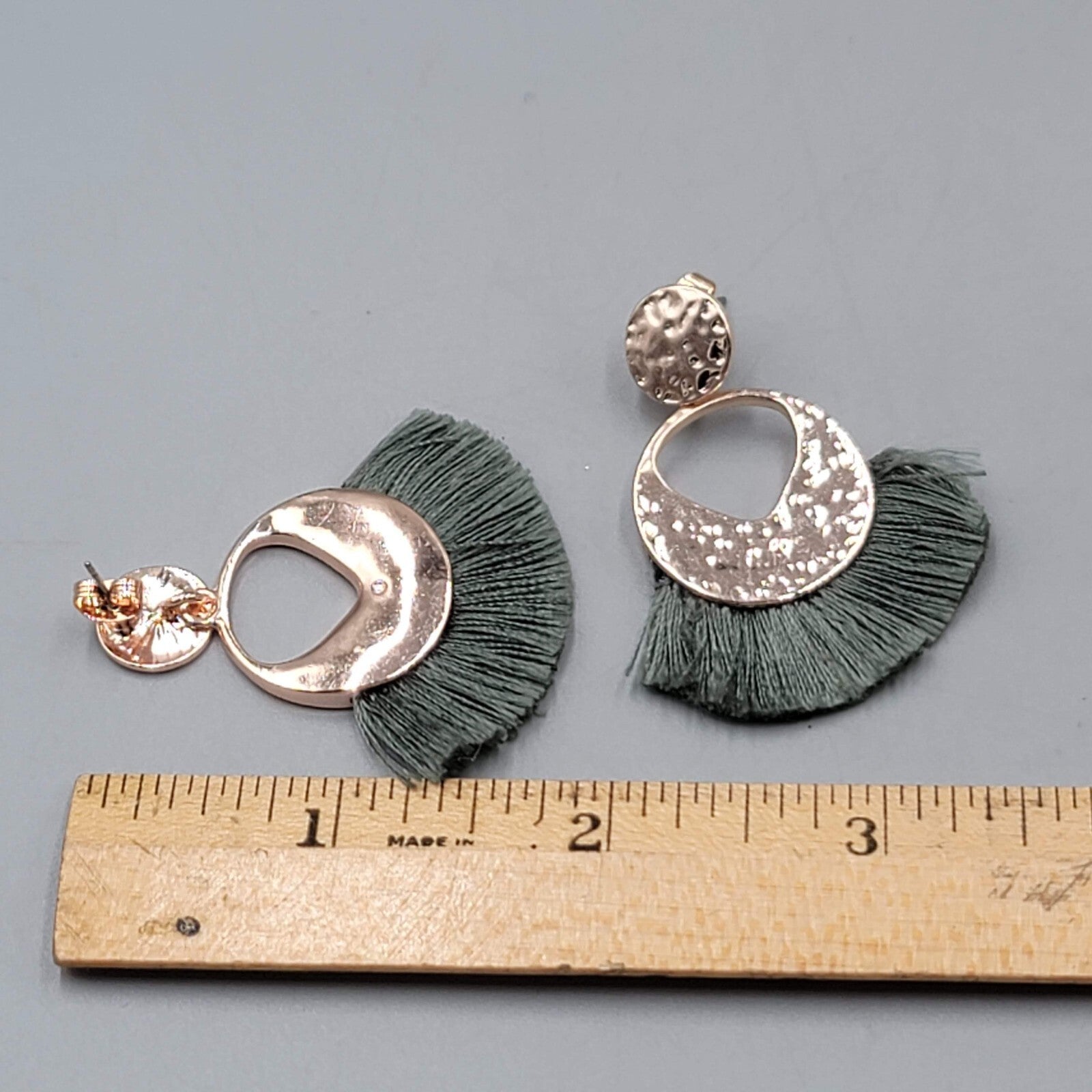 Green Tassel Pierced Earrings Rose Gold tone Dangle 1.75"