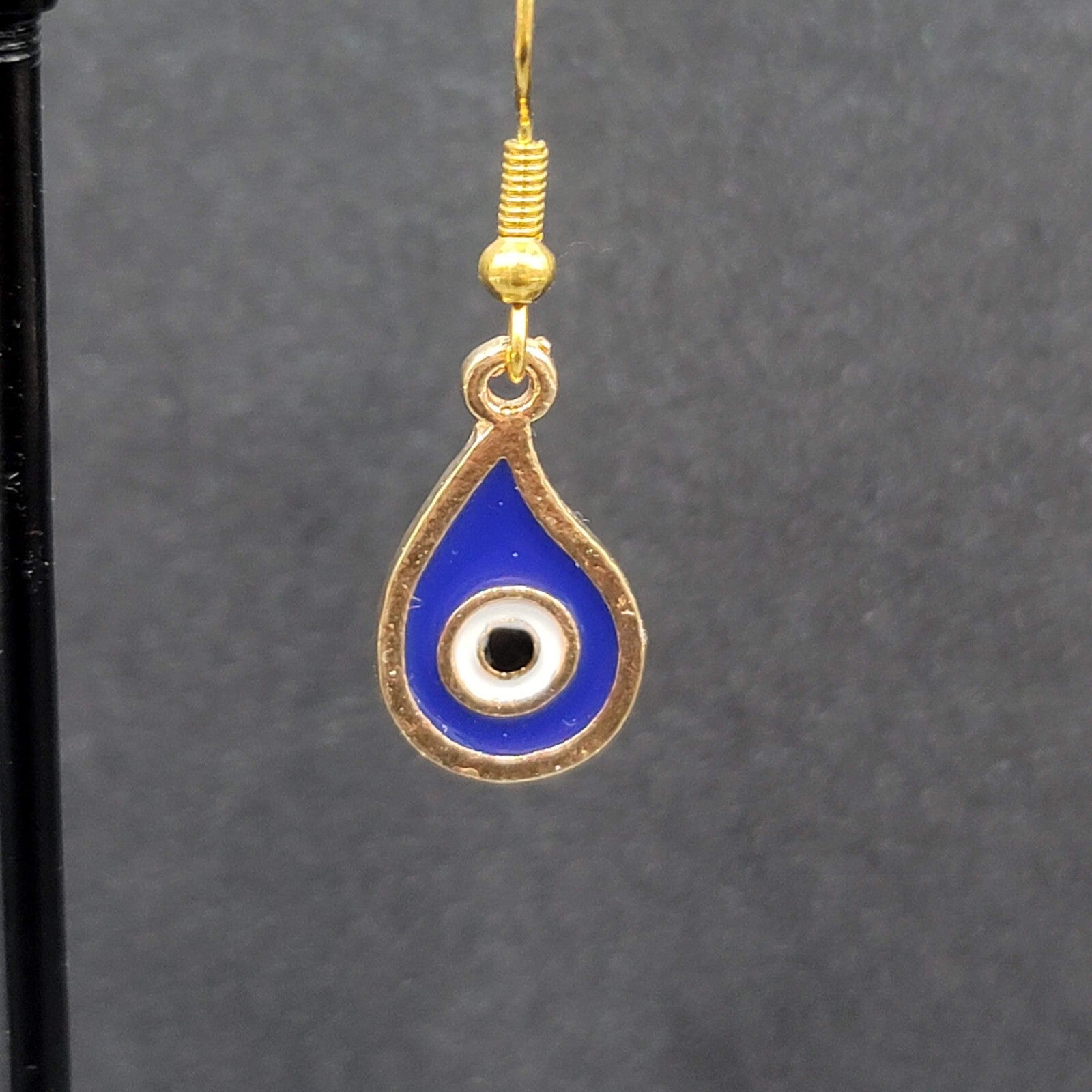New Evil Eye Pierced Earrings Gold tone Blue Enamel Teardrop Dangle 3/4"