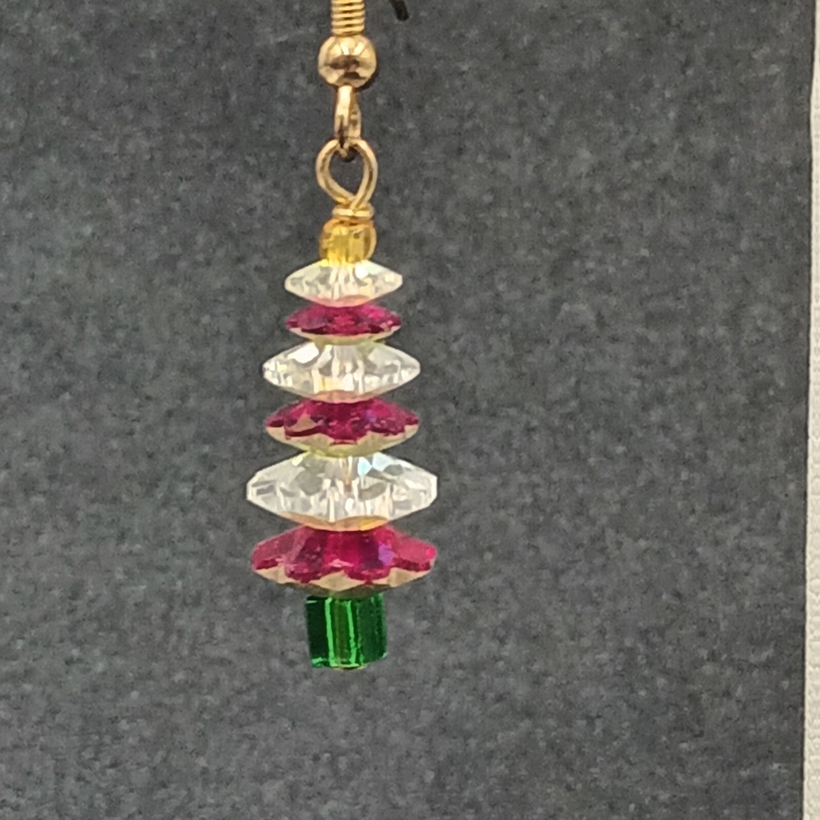 Pierced Earrings Red White Crystal Bead Christmas Tree Statement Dangle 1"