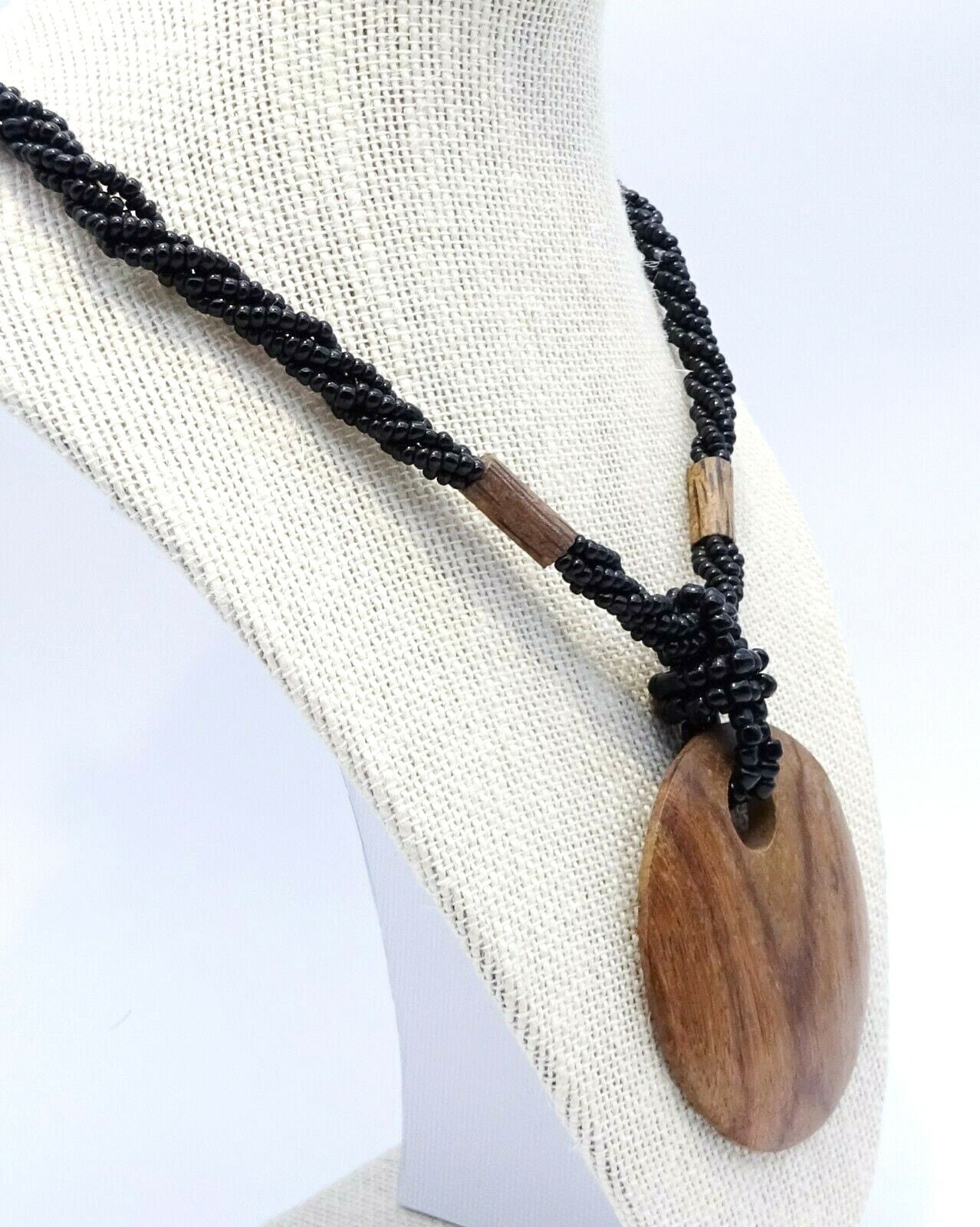 Vintage Multi-strand Statement Necklace Large Wood Pendant Boho Hippie 18"