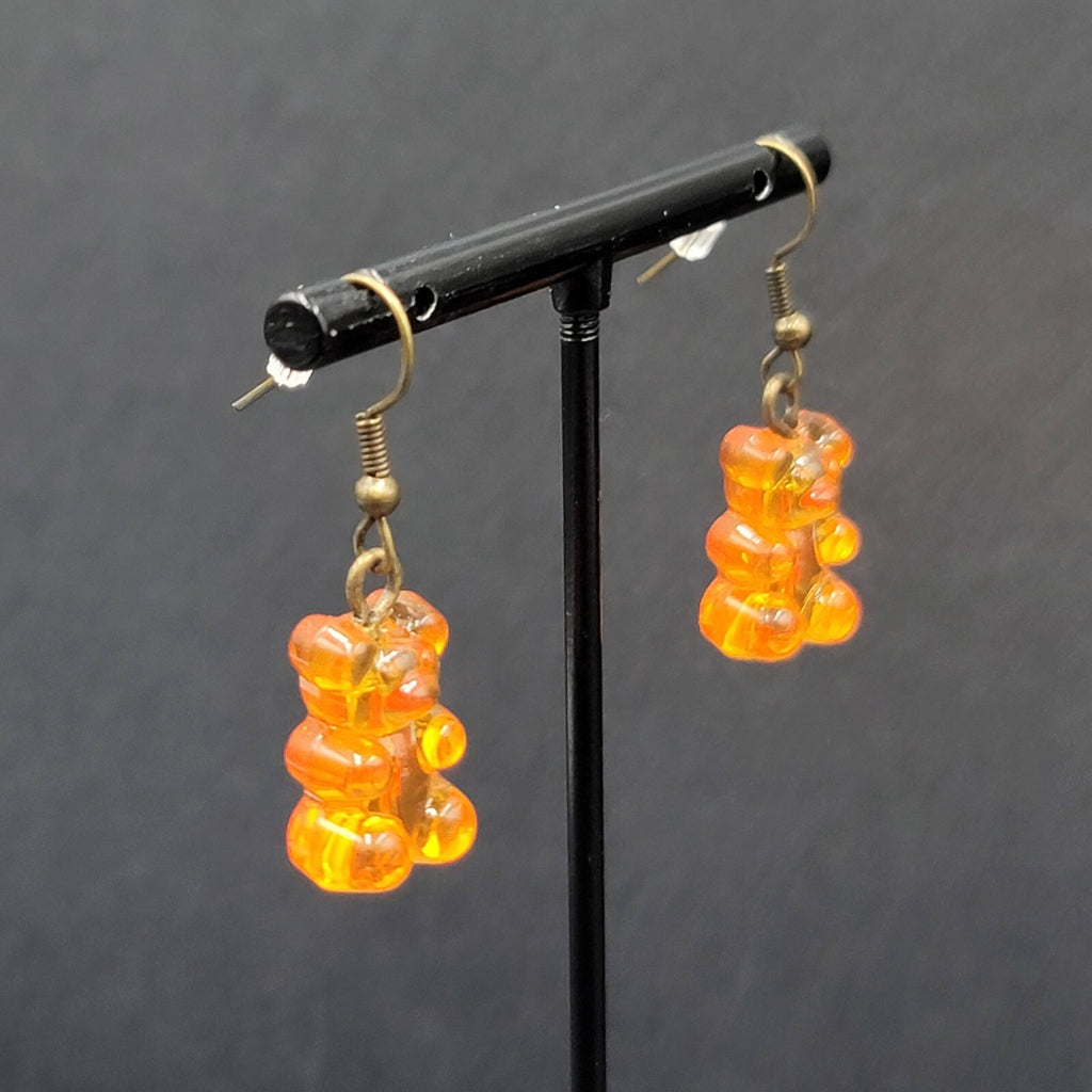 New Orange Gummy Bear Pierced Earrings Bronze tone Hooks Dangle 3/4"