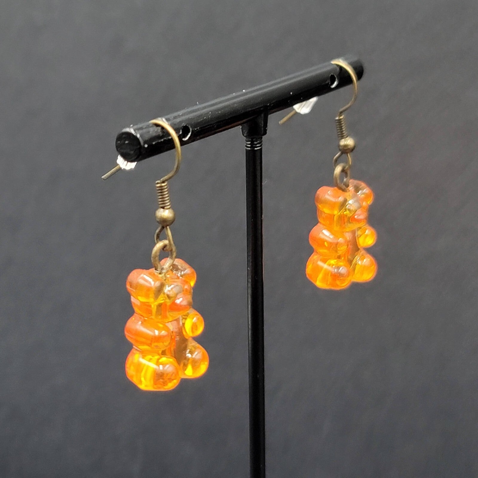 New Orange Gummy Bear Pierced Earrings Bronze tone Hooks Dangle 3/4"