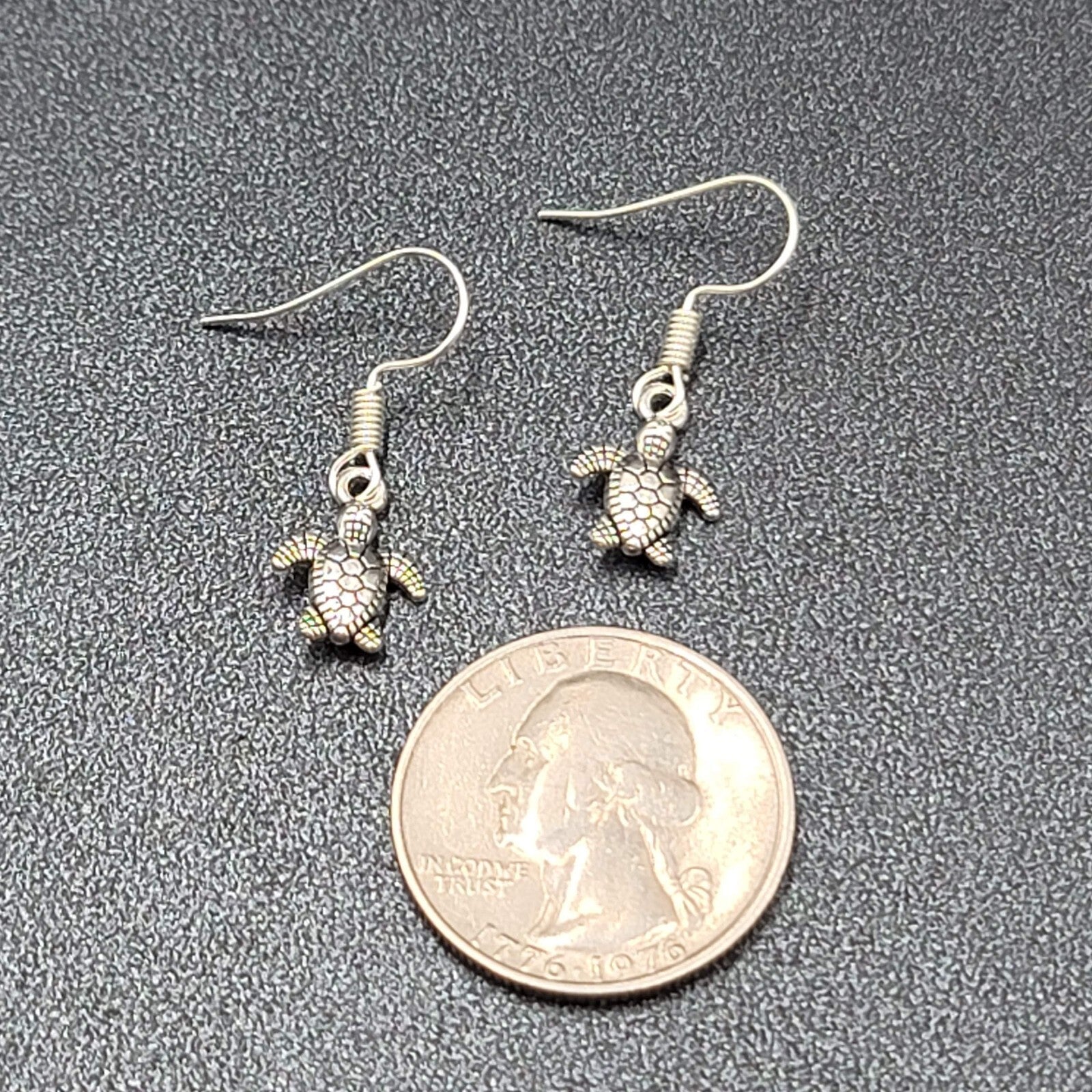 Pierced Earrings Miniature Baby Sea Turtle Dainty Dangle Silver tone  1/2"