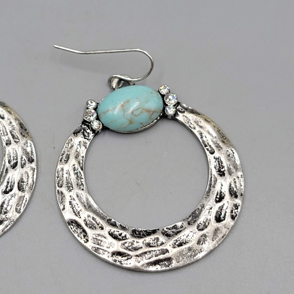 Boho Silver tone Pierced Earrings Oxidized Blue Accent Dangle 1.75"