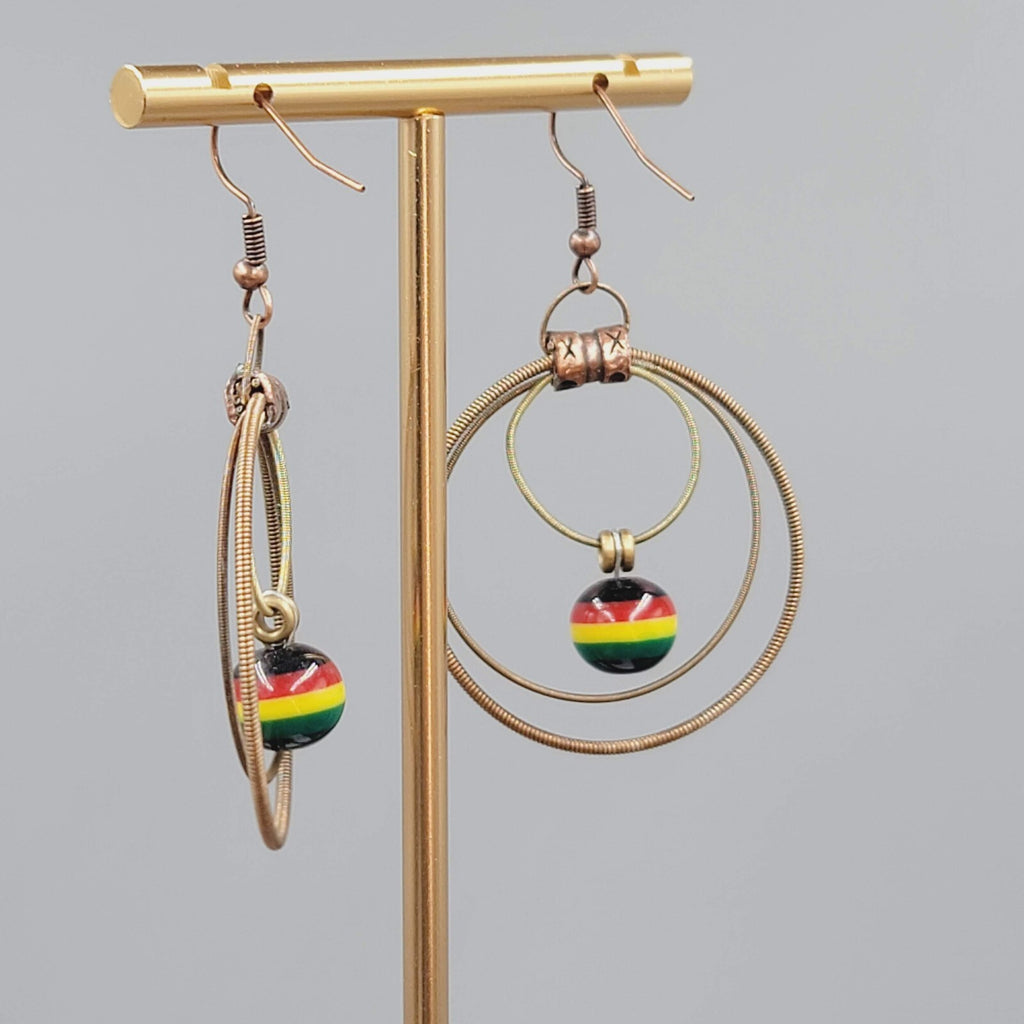 Guitar String Pierced Earrings Copper tone Multicolor Bead Dangle 1.75"