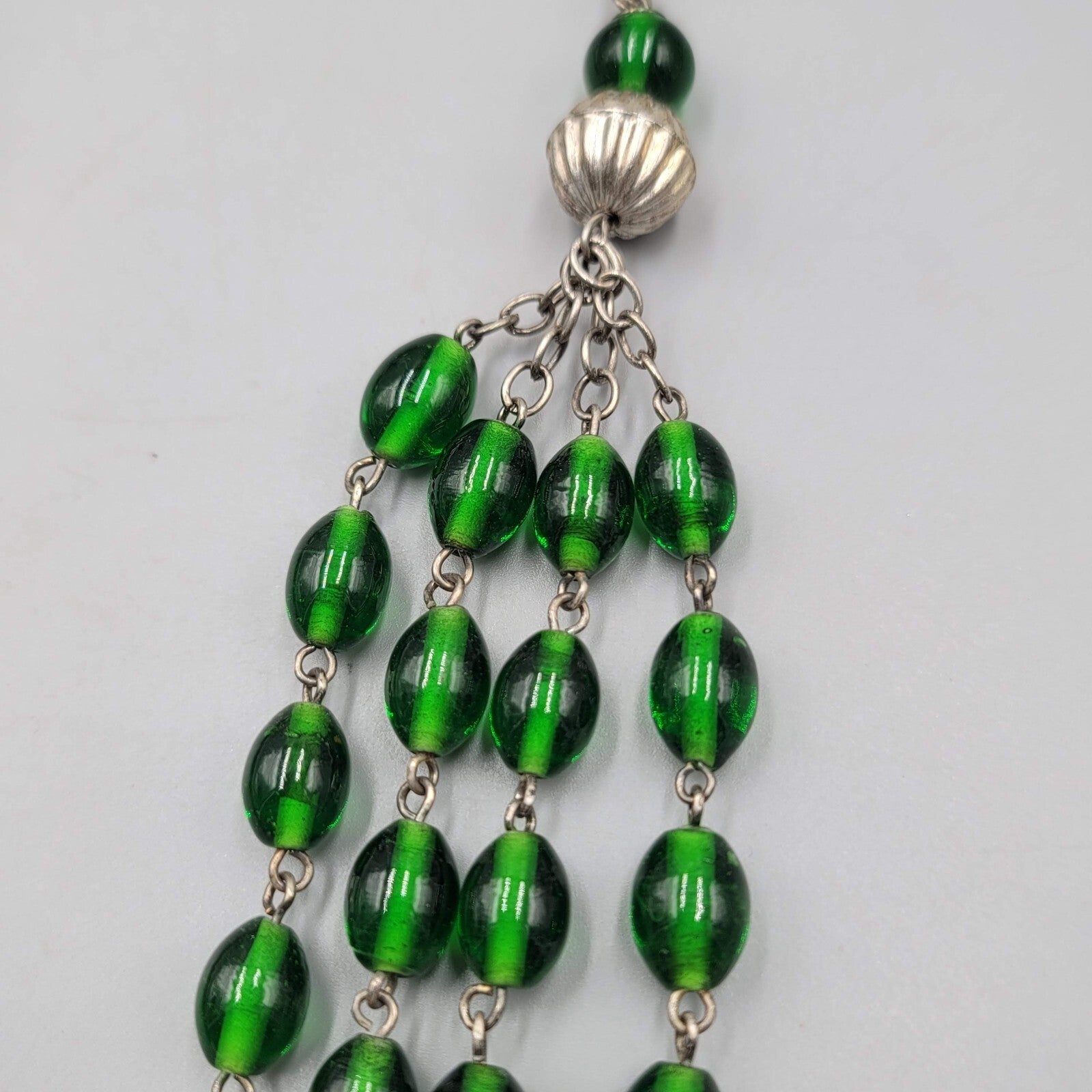 Green Glass Bead Curtain Tie Backs Set of 2 Silver tone Chain