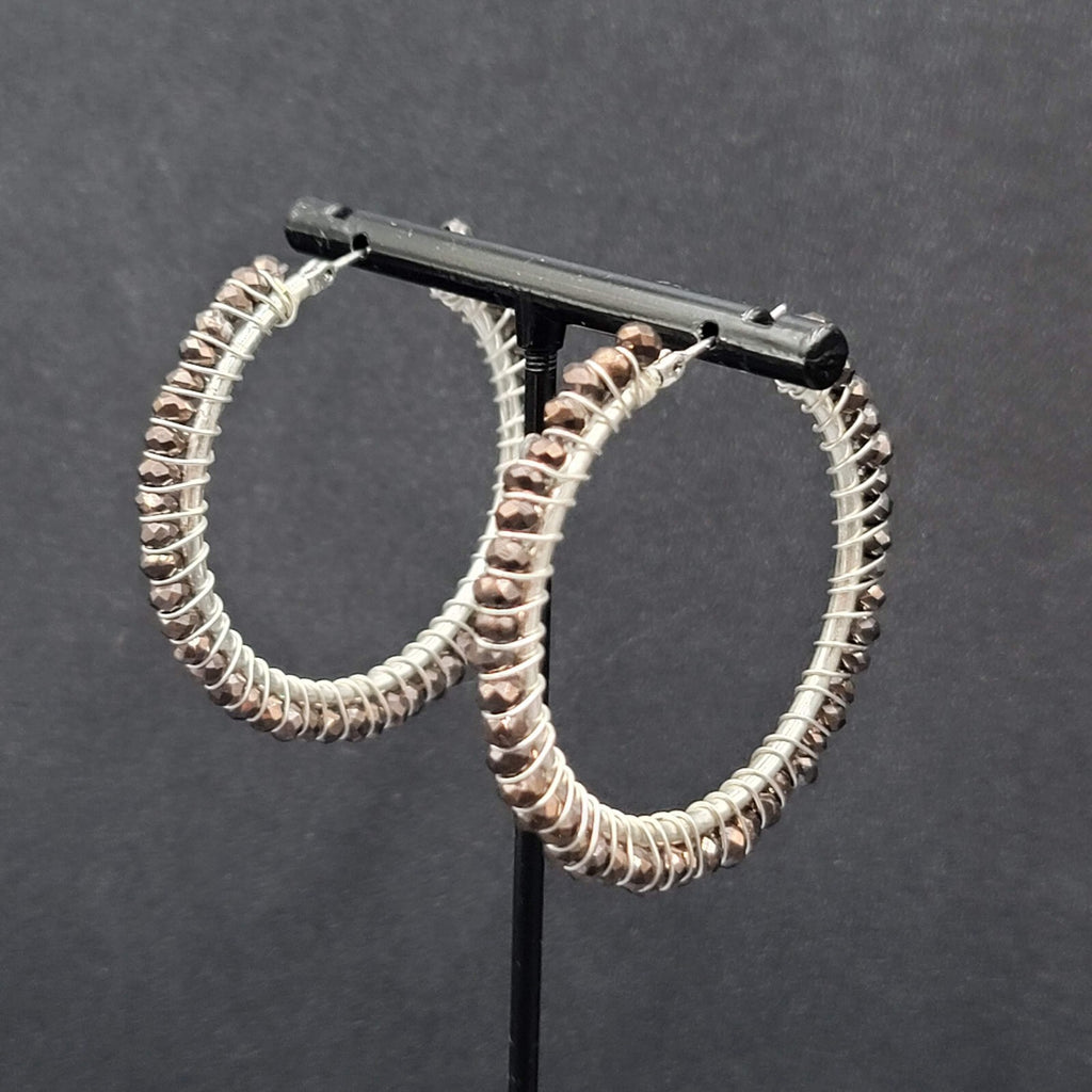Pierced Earrings Silver tone Brown Glass Beaded Hoops 1.75"