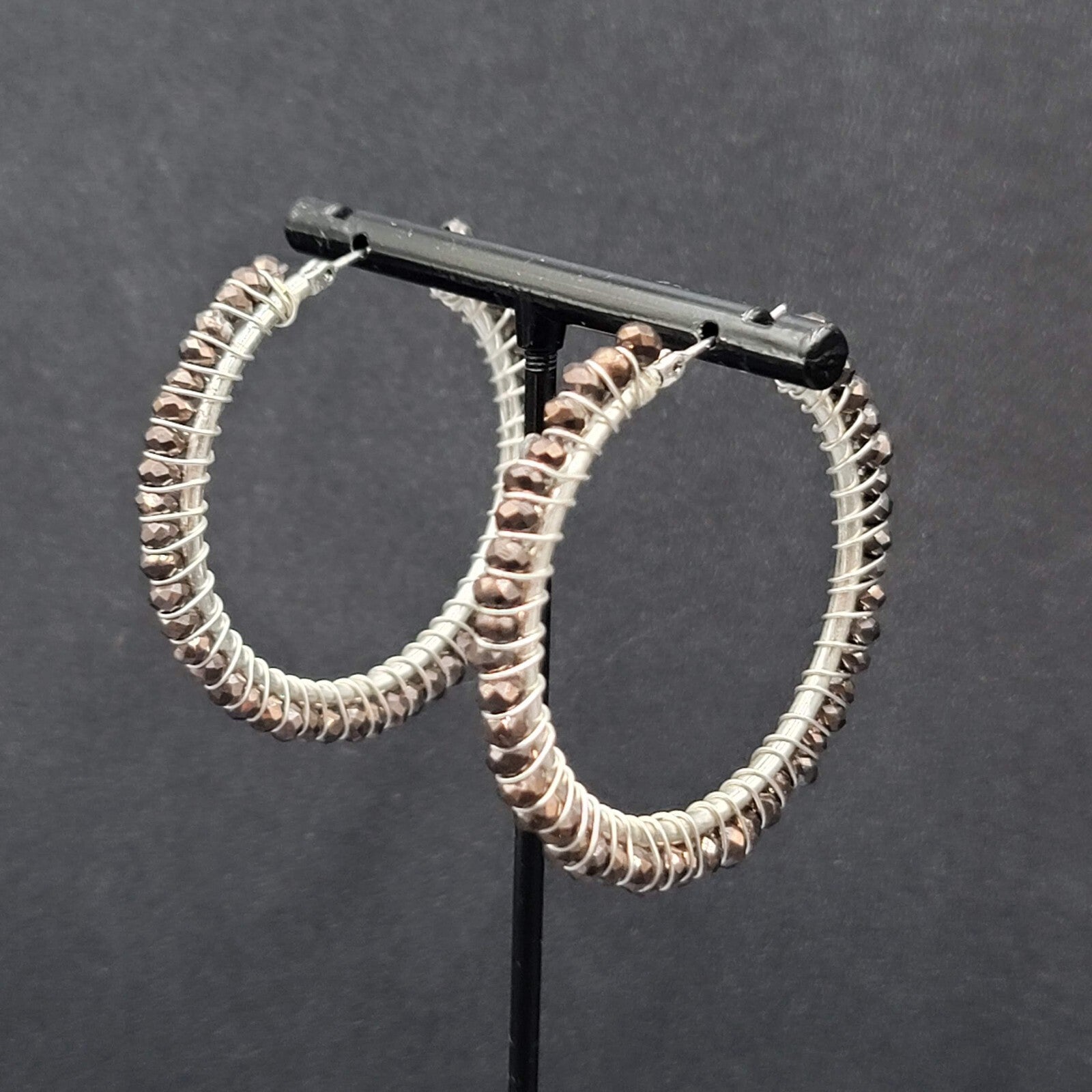 Pierced Earrings Silver tone Brown Glass Beaded Hoops 1.75"