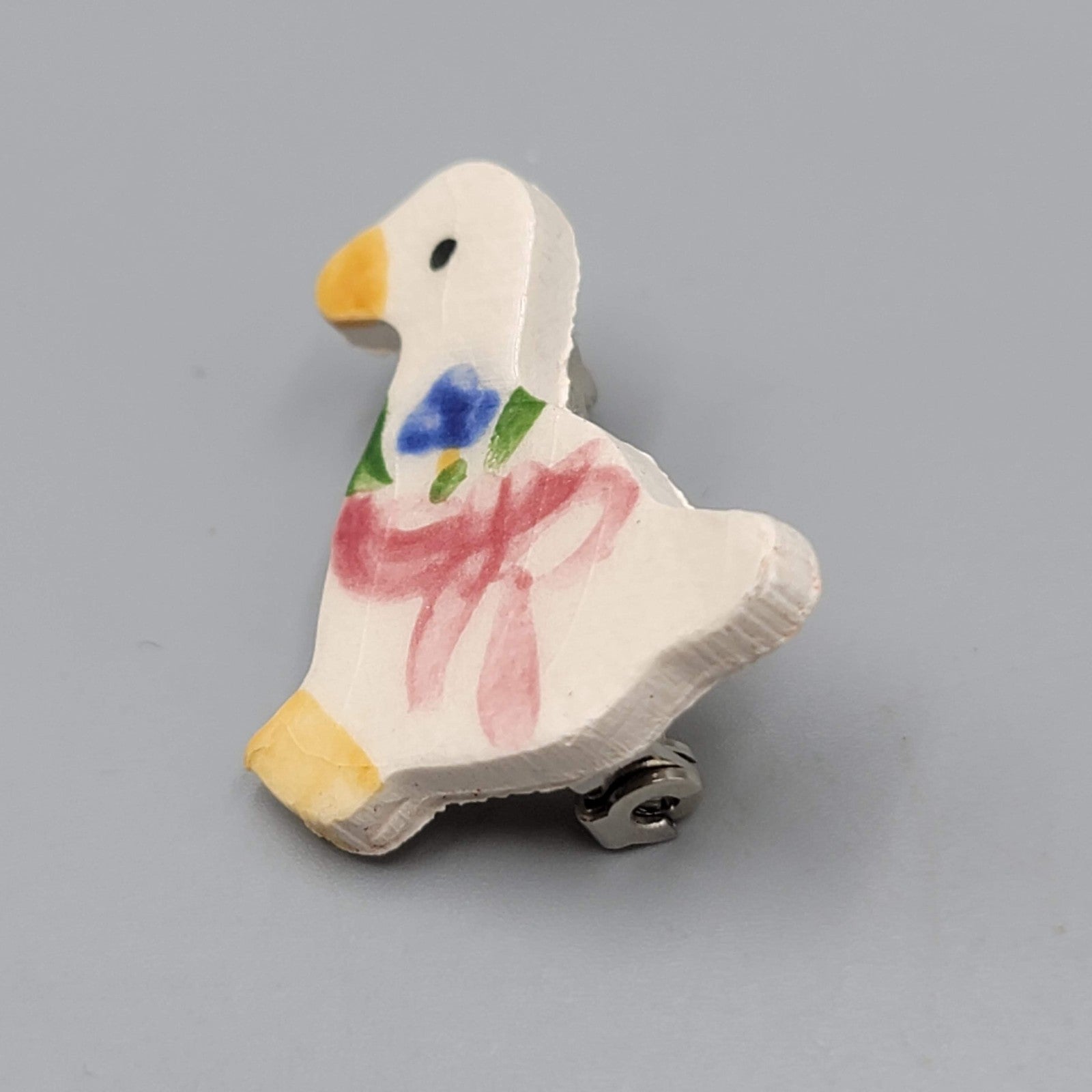 Vintage Hand Painted Goose Duck Pin Brooch Ceramic Ribbon Bow Floral 1980s Gift