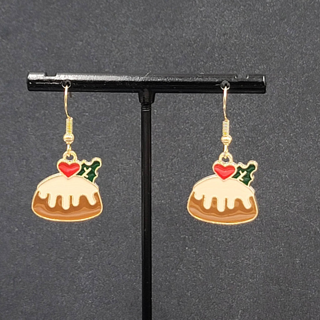 Bundt Cake Pierced Earrings Gold tone Dangle Enamel Sweet Treat 3/4"