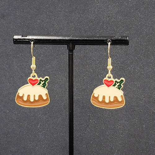 Bundt Cake Pierced Earrings Gold tone Dangle Enamel Sweet Treat 3/4"