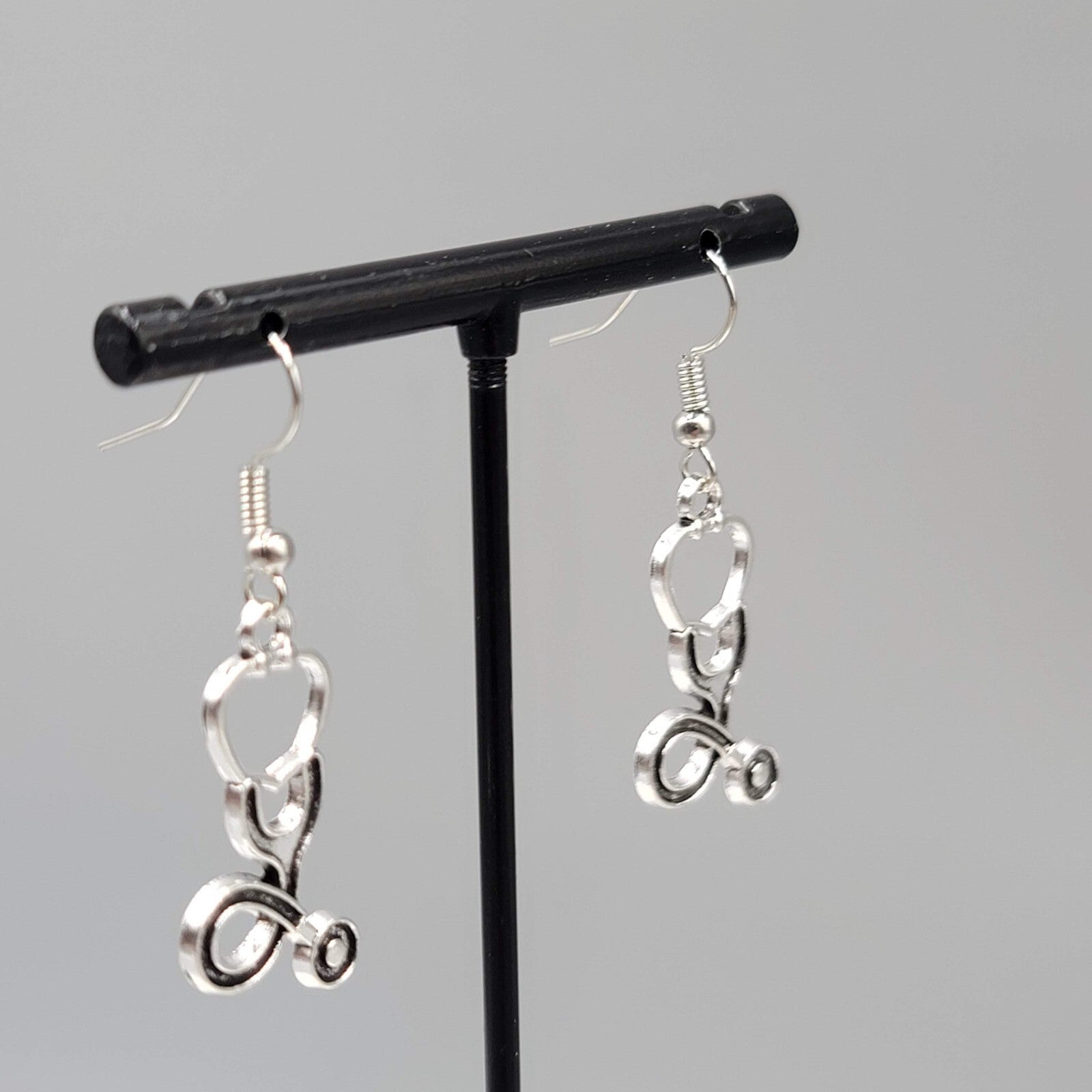 Stethoscope Pierced Earrings Medical Nurse Doctor Dangle Silver tone 1 1/8"