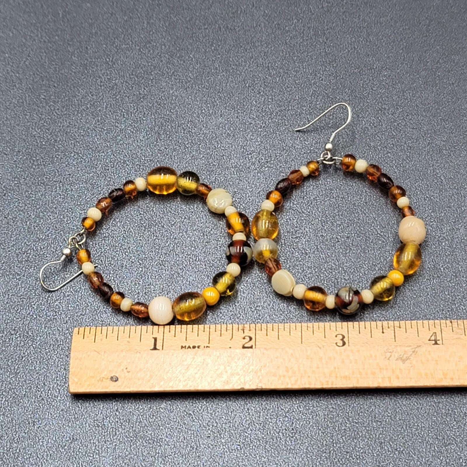 Pierced Earrings Silver tone Brown Glass Bead Hoops 2"