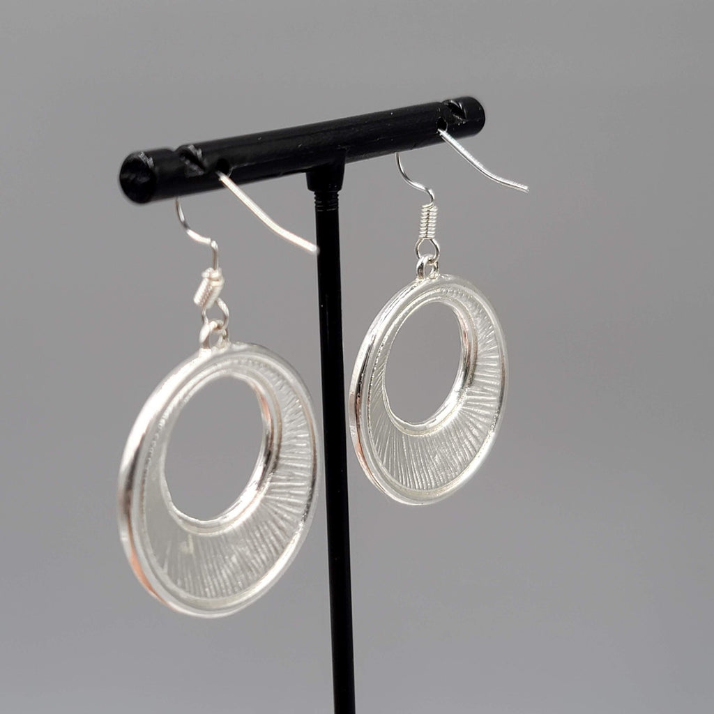 Open Circle Pierced Earrings Silver tone Black Enamel Dangle 1.25"