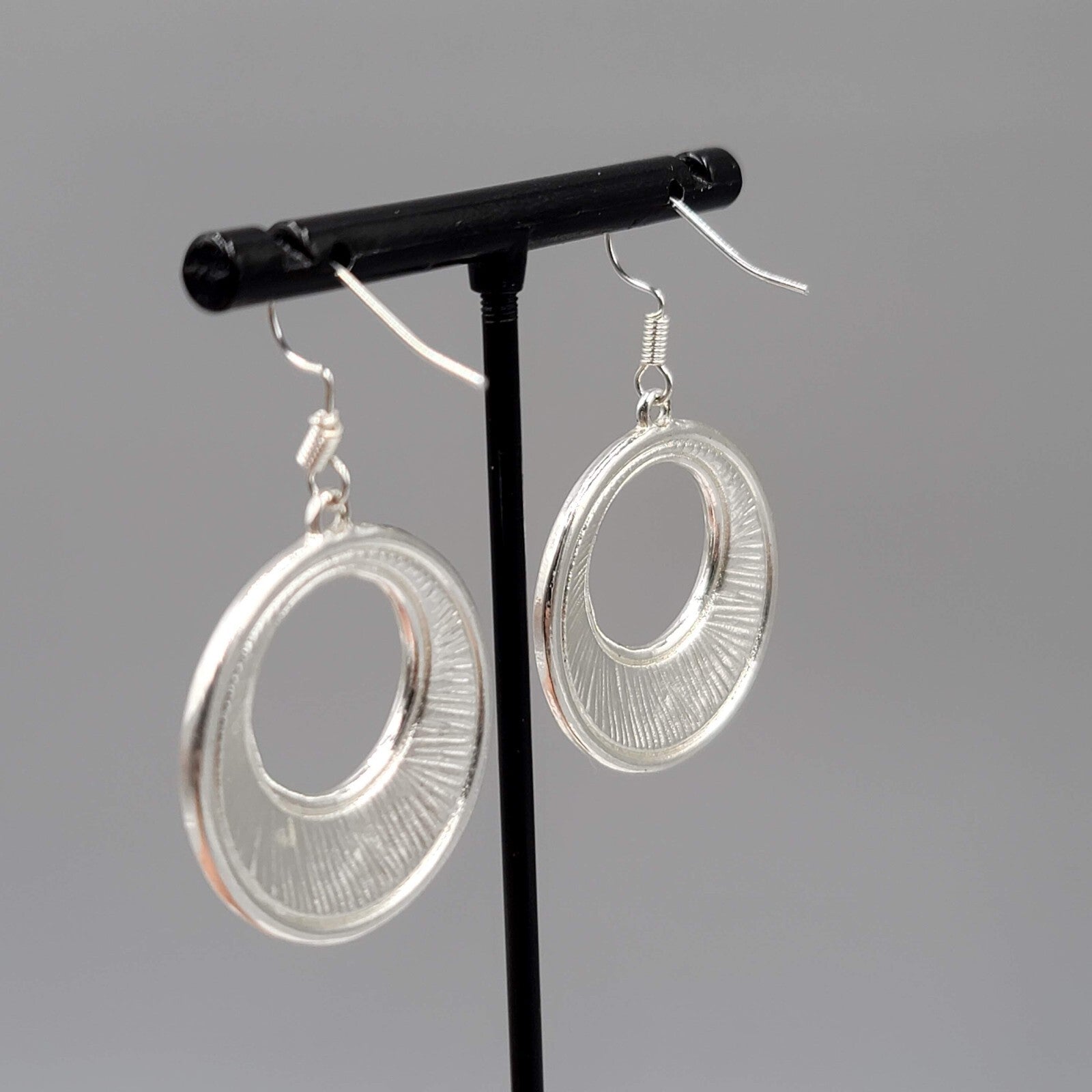 Open Circle Pierced Earrings Silver tone Black Enamel Dangle 1.25"