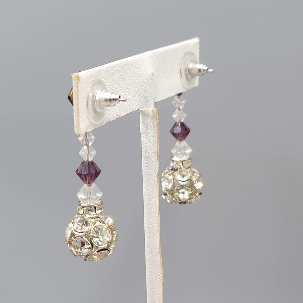 Vintage Purple Rhinestone Pierced Earrings Silver tone Bead Dangle  1.75"