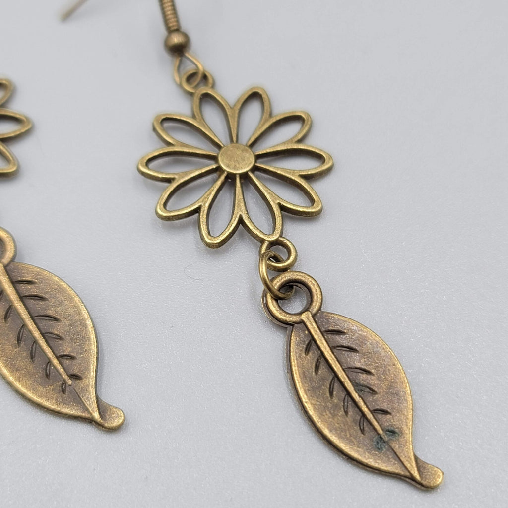 Flower Leaf Pierced Earrings Bronze tone Open Work Dangle NEW 2"