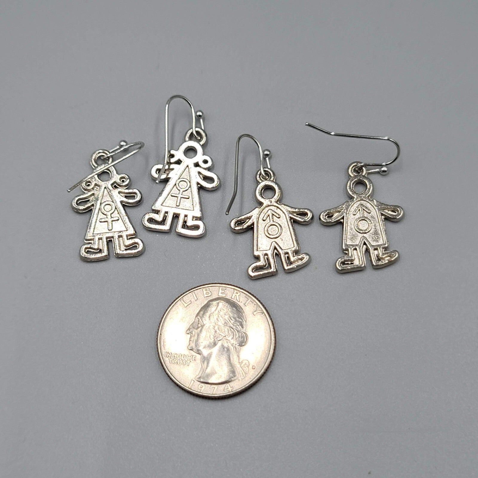 Boy Girl Pierced Earrings Mix Match Silver tone Dangle 1"