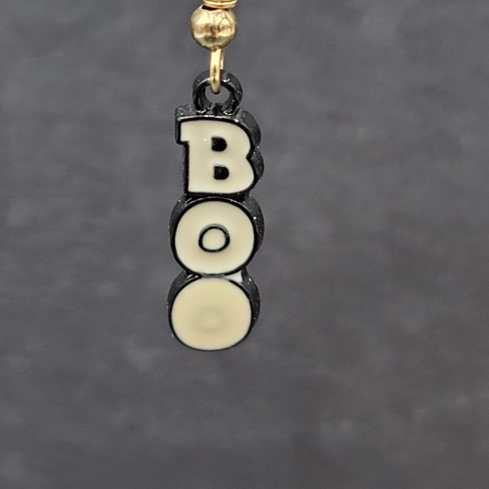 BOO Pierced Earrings Black Enamel Halloween Dangle Gold tone 7/8"