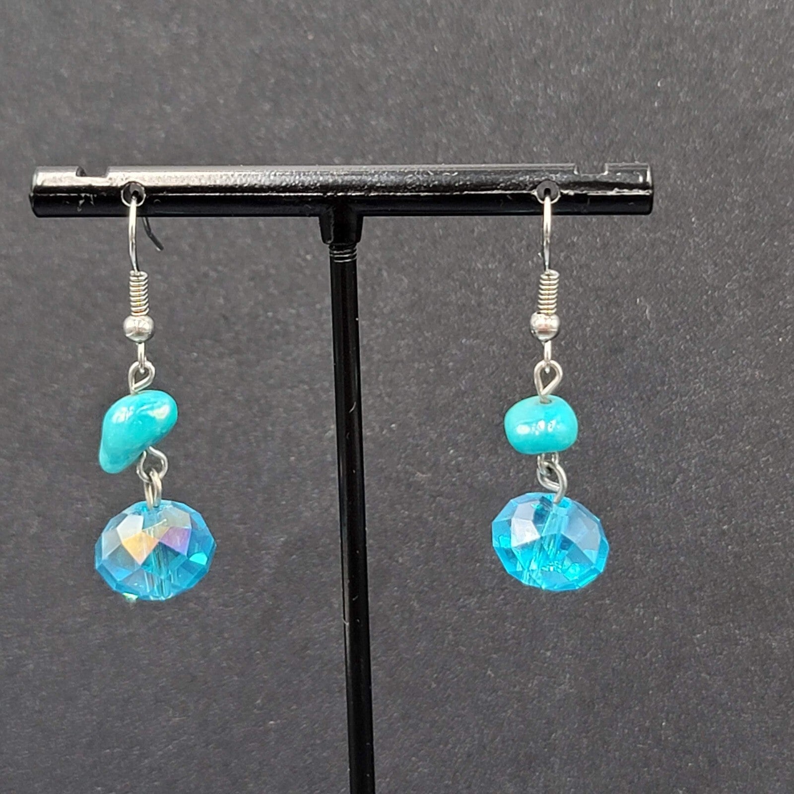 Pierced Earrings Silver tone Turquoise Stone Blue Crystal Bead Dangle 7/8"