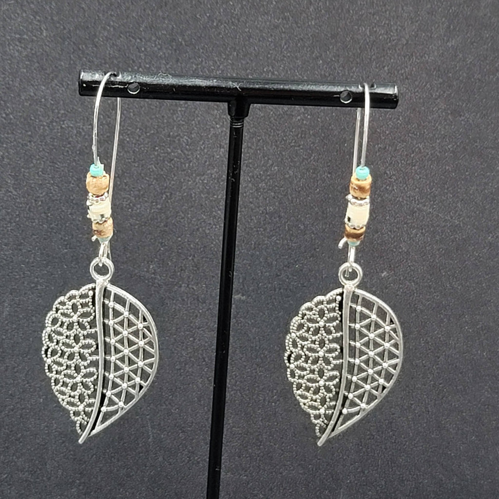 New Boho Pierced Earrings Open Work Leaf Beaded Long 3"
