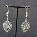 New Boho Pierced Earrings Open Work Leaf Beaded Long 3"