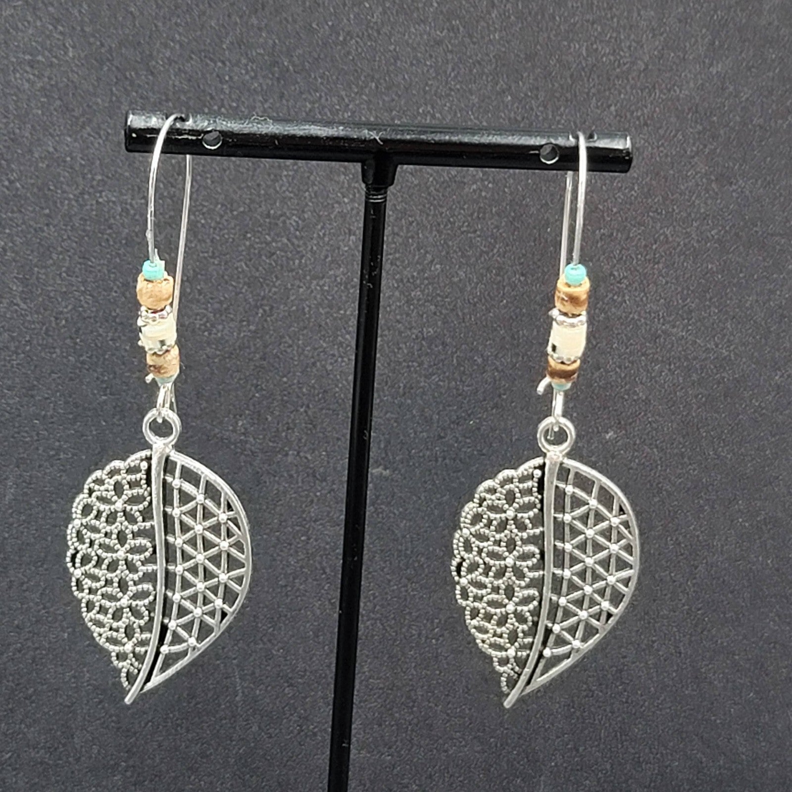 New Boho Pierced Earrings Open Work Leaf Beaded Long 3"