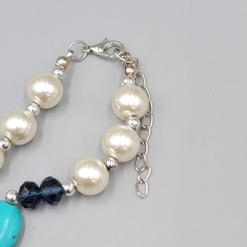 Blue Stone Bead Necklace Blue White Silver tone 18"