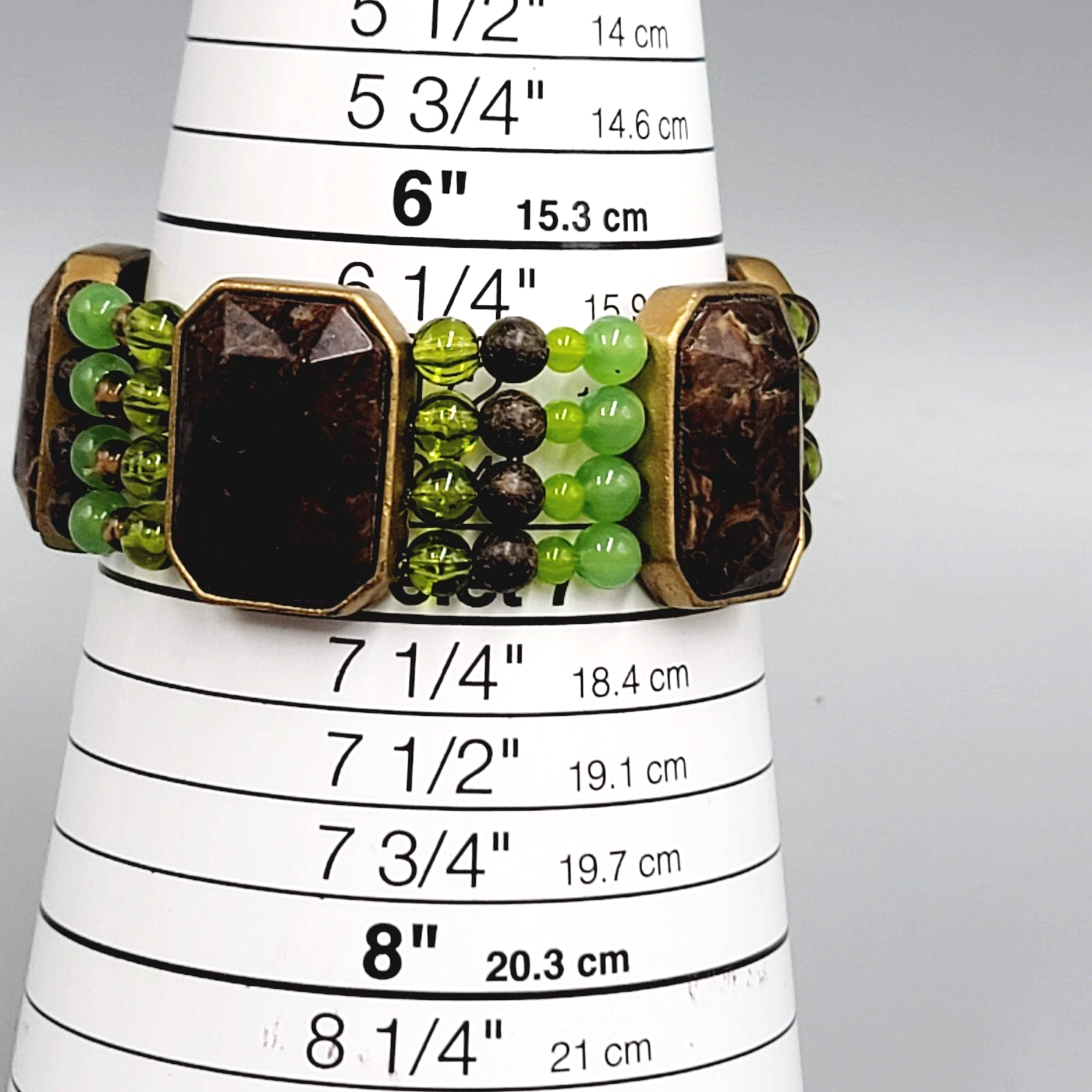 Brown Green Bead Bracelet Stretch Elastic Statement 7"