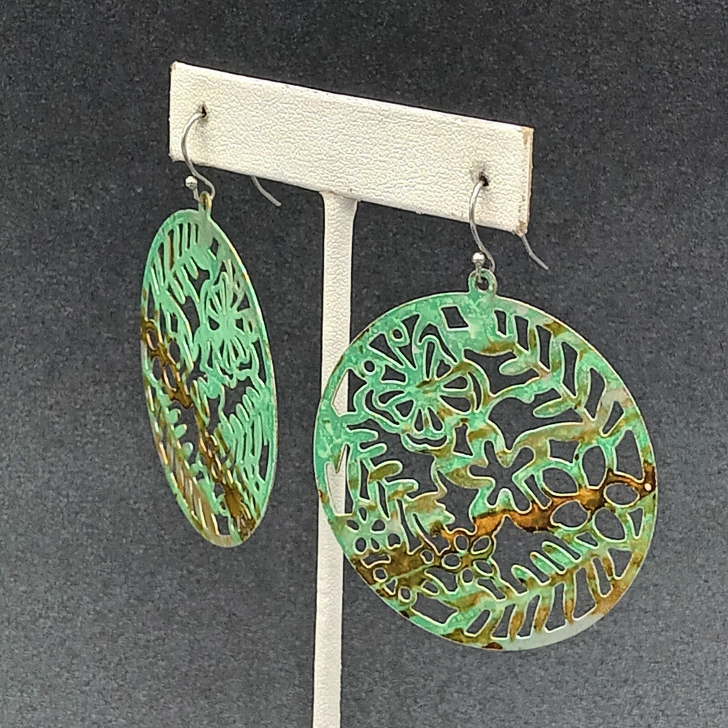 Pierced Earrings Metal Open Work Brown and Green Enamel Medallion Dangle 2"