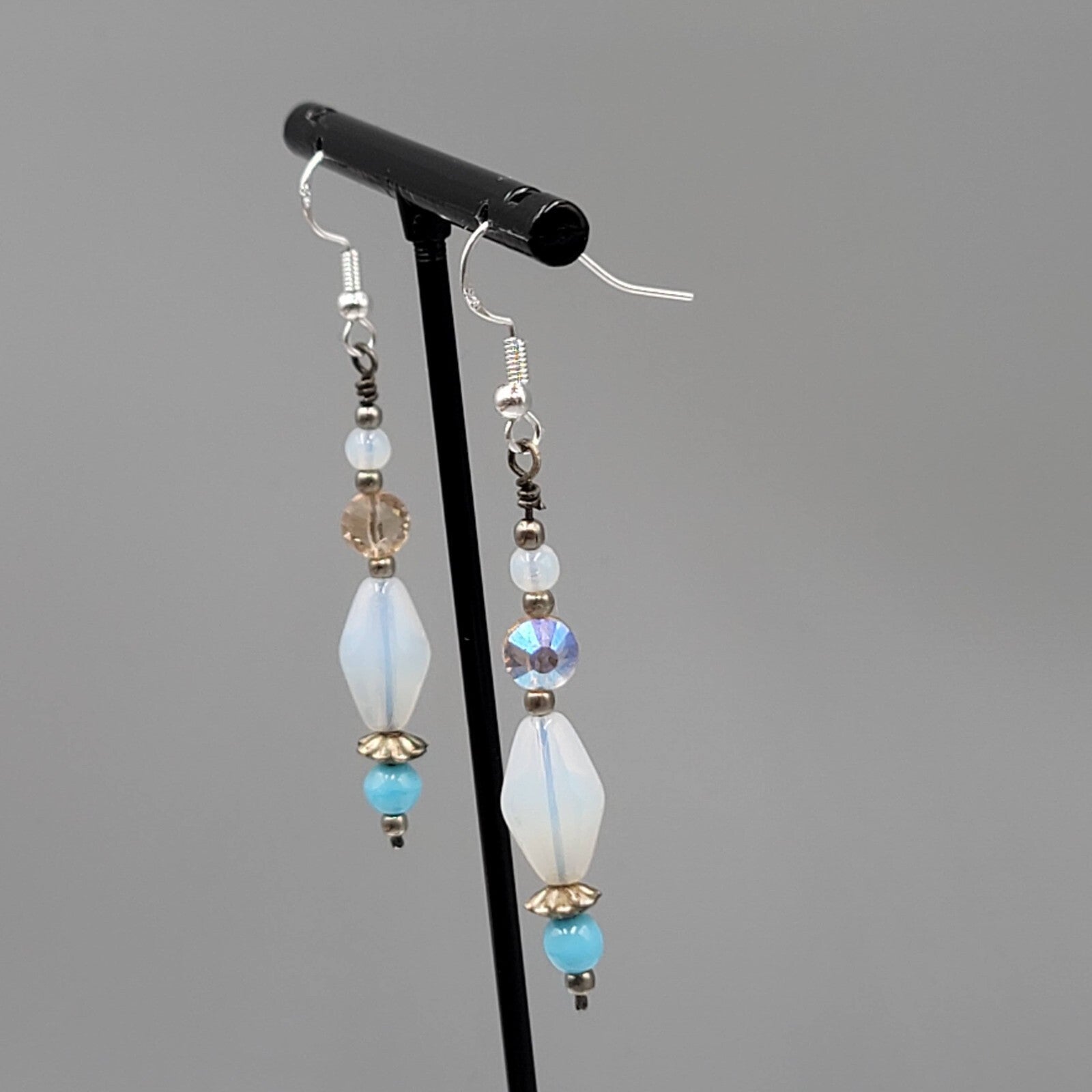 Sterling Silver Pierced Earrings Blue Iridescent Bead Dangle 1.75"